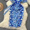 Women Casual Dresses Summer Runway Blue And White Porcelain Dress Women's O-Neck Short Sleeve Buttons Flower Print Sashes Beach Mini Vestidos 2024