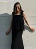 Sukienki robocze Claceve Summer Slim Black 2 -Place Sets Damskie Modne Treevela Bez rękawów z wysokim talią długie spódnice