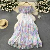 New Summer Casual Dress Summer Off Shoulder Gorgeous Flower Holiday Chiffon Dress Women Slash Neck Floral Print Elastic Waist Long Robes Vestidos 2024