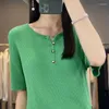 Damen T-Shirts T-Shirt Sommer Worsted Woll Strickwege lässig Solid Color Ladies Tops rund v Hals Pullover Kurzarm schlanke T-Shirts