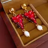 Dangle Earrings Chic Red Color Love Heart Drop For Women Real Freshwater Pearl Hanging Earring Medieval Wedding Party Jewelry