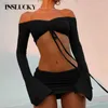 Work Dresses InsLucky Sexy Women Two Piece Set Off The Shoulder Draw String Folds Long Sleeve Ultrashort Top And Slim Skinny Mini Skirt Suit