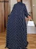 Artı boyut 5xl vonda zarif çizgili maxi dres yüksek boyun uzun sundress puf kolu baskılı vestidos 240422