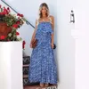 Summer Vacation Women's Blue Plant Temperament Elegant Wrap Chest Ruffle Hem Large Hem Dress