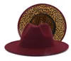 ヒョウのパッチワークウールフェルト女性のためのジャズフェドーラ帽子を含むバーガンディ