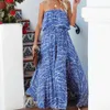Summer Vacation Women's Blue Plant Temperament Elegant Wrap Chest Ruffle Hem Large Hem Dress