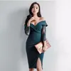 Robes décontractées 2024 Sexy Slash Neck Lace Lace Femme Femme Bodycon Robe Green Side Split Split Gold MIDI MIDI FEMAN VESTIDOS