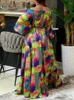 Casual jurken freeacy off-the-shoulder vastgebonden taille maxi-jurk voor vrouwen kleurrijke bedrukte puff mouwen a-line geplooide feest 2024