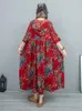 カジュアルドレス女性の夏の中国スタイルのレトロコットンとリネンフード付き大きなスイングハイウエストルーズな苦しめられたプルオーバー半袖