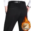 Calça masculina de inverno Homens de inverno Cantura alta fita Terno com bolsos quentes de luxuhas profundas estilo comercial para o pai