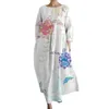 Casual Dresses Women Loose Fit Dress Colorful Printing Maxi With Side Pockets For Three Quarter Sleeve Round Neck A-line Vacation