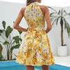 Summer Boho mini spódnica jednopieczęcie kwiatowa sukienka dla kobiet 2024 Fashion Ruffles kantar szyi koronkowy temperament sukienki plażowe