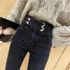 Kvinnors jeans chic hög midje ring knapp mager ankel längd blyerts denim byxor kvinnlig koreansk mode smal stretch kvinnor klassiker klassisk