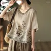 Blouses pour femmes Pulabo Cotton Linn brodé chinois chinois classique chemise lâche haut de gamme Rétro décontracté o cou court court été