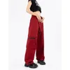 Pantalon féminin rouge y2k cargo bf vintage streetwear hauteur haut de taille pantalon droit des femmes hip hop harajuku poches larges jambe