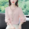 Frauenblusen Sommer Feste Farbe All-Match Fashion Shirt Frauen Rüschen bestickte Schnürung Pullovers Temperament Elegante Satin-Gesicht Tops