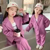 Vêtements Ensembles de filles pantalons en manteau pour enfants costumes 2pcs / set 2024 Rose printemps automne coton adolescents uniformes scolaires