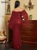 Plus Size Kleider Tosheiny von Schulterschläfen -Ärmeln Meerjungfrau Pailla Red Evening Kleid