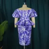 Plus Size Dresses Dye For Women Blue Peplum Midi Short Puff Sleeve Robes Sexy Vintage Elegant Ladies Print Cocktail Event GownsPlus 247D