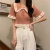 女性用Tシャツデザインセンスニッチフリルドールネックニットセーター半袖Tシャツ夏ユニークなフレンチシックなクロップトップ