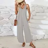 Lässige Kleider 2024 Damen Gesamt -Overall -Overallsuiten sommerhimmellosem Ruch V Hals Flared Wide Bein Hosen Rolgen mit Taschen Ropa de Mujer