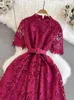 Robes de fête Spring Summer Femme Lace Long Robe Rouge / Purple / Green / Black Evening Vestidos Femme Elegant Short Sleeve A-Line Maxi Robe