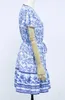 Femme V Neck Bell Sleeve Bouton imprimé floral A Line T-shirt Beach Sunbathing Mini Robe