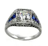 OMHXZJ Whole European Fashion Woman Man Party Wedding Gift Luxury Square White Blue Zircon 18KT White Gold Ring RR6588029501
