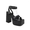 Sandals Stone Striped Microfiber Material Square Toe High Thick Heel Exposed Hollow Sexy Platform Ankle Strap Roman Shoes