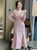 Robes décontractées noble Robe de bal élégante Femmes Sweet Style Woolen Piny Sequin Single Breasted Ruffles Fishtail Robe Party Banquet