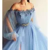 Pearl Blue Dresses Appliques Light Sky Prom A Line Jewel Long Sleeves Formal Evening Gowns Front Split Plus Size Vestidos De Fiest