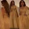 Sparkly paljetter guld prom 2021 klänningar tyll en axel golvlängd skräddarsydd arabisk kväll klänning formell ocn slitage vestidos