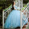 Mavi kapalı omuz quinceanera hafif elbiseler tül korse arka 3d çiçek dantel aplike boncuklu özel yapım prenses tatlı 16 balo pageant balo elbisesi vestidos