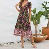 Vestidos de festa elegante vestido de decote em V Sexy de manga curta para mulheres roupas 2024 Bohemian Beach Retro Floral High Split