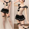 Anime -Kostüme Schulmädchen Sexy Cosplay Kostüm Frauen Erotik bloße Fischnetz Dessous Mini Kleider Student Stripes Uniform mit Strümpfen DHCDP