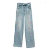 Women's Jeans Love Embroidered Mop For Women Spring And Summer Long Pants 2024 High Waist Loose Rhinestone Wide Leg