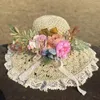 Wide Brim Hats Forest Style Flower Straw Hat For Women Lcae Crochet Breathable Sun Protection Beach Travel Foldable Chapeu
