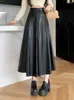 Signe 2024 Retro Spring Fashion Vintage Vintage Leather Elegant Fire Chic Long Skirt Women Ol Office High Waist A Line Female F81