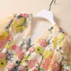 Summer Khaki Colorful Floral Embroidery Tulle Dress 3/4 Sleeve V-Neck Panelled Midi Casual Dresses S4A250418