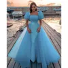 Jurken 2021 Sky Blue Prom Overskirt Tule Backless Sparkly Paillins Korte mouwen op maat gemaakte formele avondfeestjurk beroemdheid Vestidos