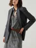 Kvinnors kostymer Kvinnor Wool Blend Shiny Buckle Suit Coat 2024 Spring Long Sleeve Single Button Fashion Office Lady Dark Grey Blazer