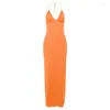 Casual Dresses Halter Neck Deep V-neck Women Sexy Slim Fit Long Dress Summer Solid Straps Sleeveless Backless Party Club Maxi Sling