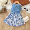 Girl's Dresses Middle and small childrens new summer girl denim patchwork printed vest dressL2405