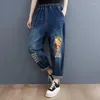 Frauen Jeans Frau Vintage Cartoon Patch Stickerei Stickel-Länge Hose Frühling und Sommer 2024 Loose Mode Hohe Taille Harem