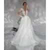 Vestidos elegantes con cuello en V boda a línea de línea de línea profunda mangas largas transparentes longitud sin espalda longitud hecha a medida de tamaño de novia suave vestidos de