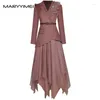 Arbetsklänningar Maryyimei modedesigner set höstkvinnor långärmad pärldräkt toppar mesh asymmetrisk kjol tvådel