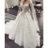 Mariage A Manches Bride Bridal Robes longues Ligne Crystals perles Bijoux Sheer Cou 3D Floral Applique dentelle Tulle Sweep Train Beach Country Vestidos de Novia PPlique