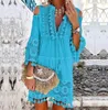 Vrouwen strand dragen strand boho witte kanten mode eu boho mini jurk dames herfst pop tassel losse v nek jurken lady strand vrouwelijke kleding y240504