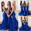 Robes de sirène bleue Royal Bridesmaid Spaghetti Backless Spaghetti Longueur de plancher en satin