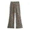 Calças femininas versáteis primavera no verão de fundo de leopardo perna larga para mulheres de meia-cintura elástica na cintura elegante streetwear
